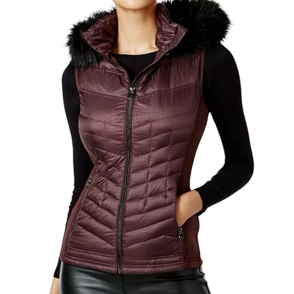 Michael Kors Black Faux Fur Hooded Cherry Burgundy Zip Up Puffer Vest-Size